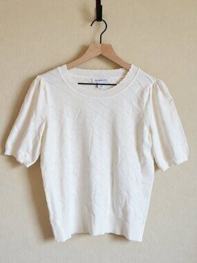 Liz Claiborne Ivory Pointelle Puff Sleeve Sweater S Knit Cream Coquette Top